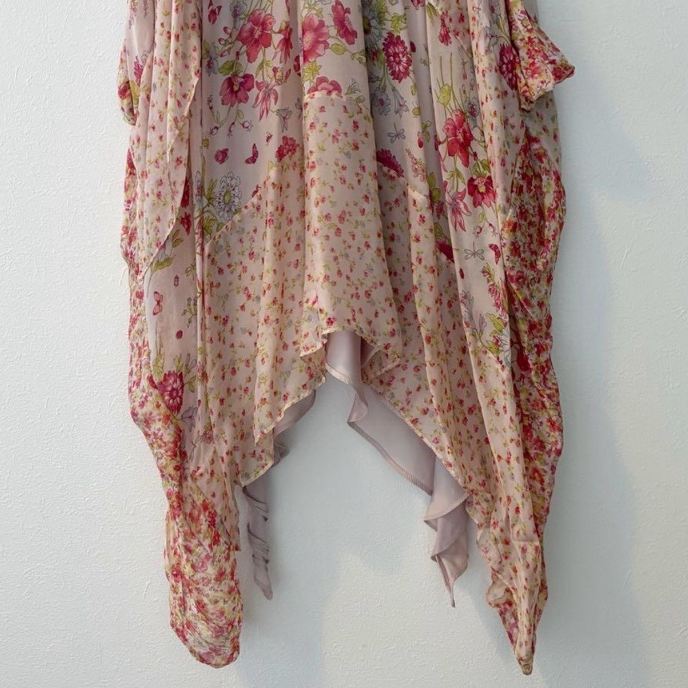 Zara 100% Silk Floral V Neck  Asymmetrical High Low Knee Length Dress (Medium) - Picture 3 of 8